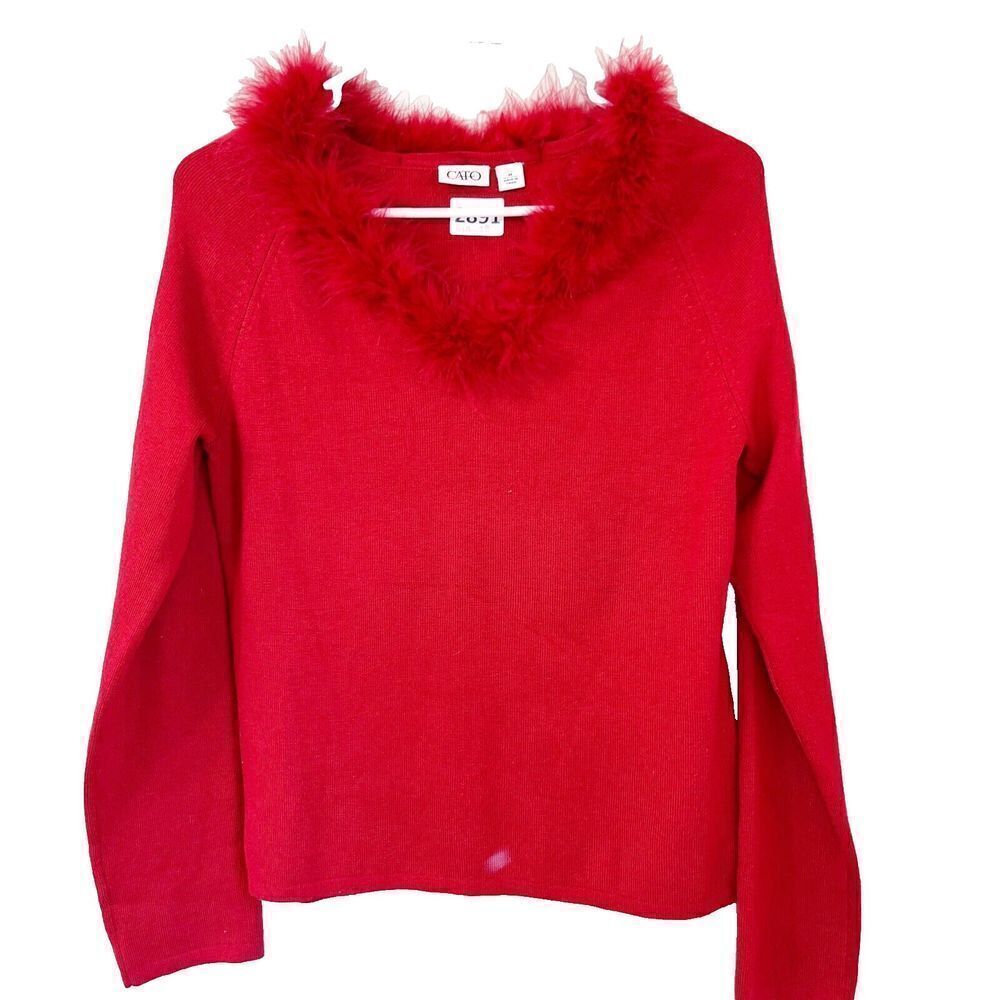 Vtg Y2K Cato Womens Red Sweater Medium Classic Feather Trim Neckline Long Sleeve